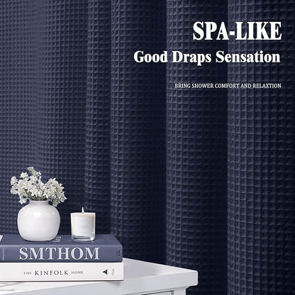 Waffle Weave Shower Curtain Navy Blue Cotton Coastal Ocean Heavyweight Shower Curtains for Bathroom,Washable,72Wx72L