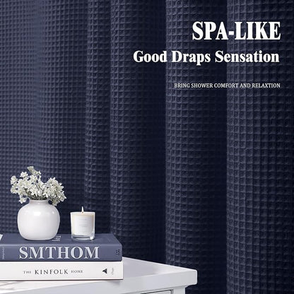 Stall Waffle Shower Curtain - Navy Blue Cotton Fabric Texture Heavyweight Shower Curtains for Narrow Bathroom,Washable,48Wx72L