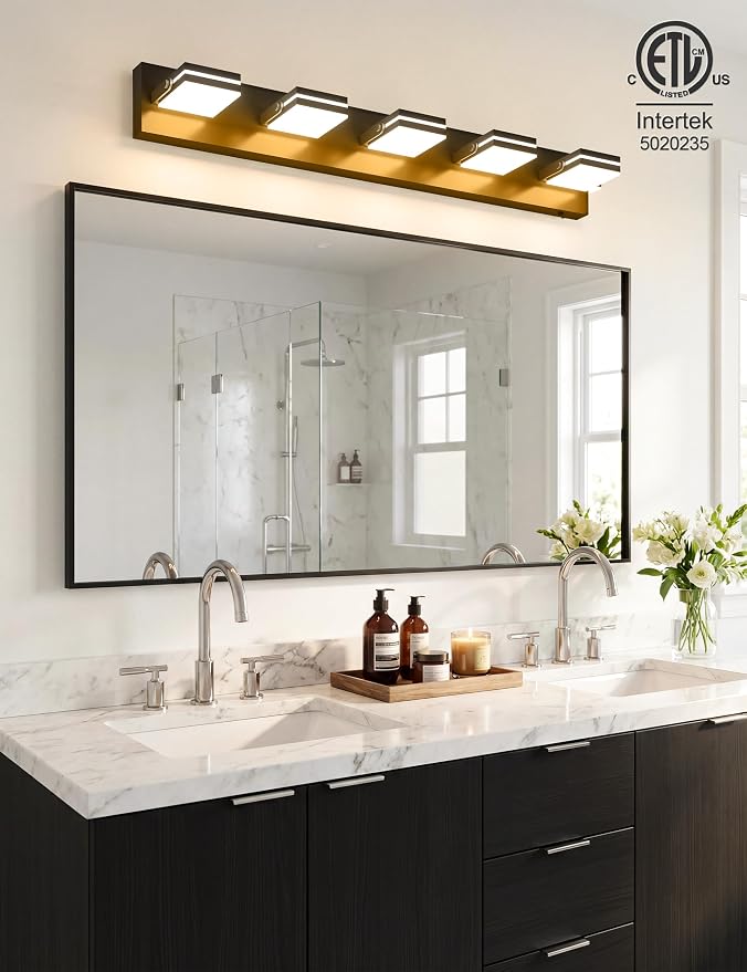 VOLISUN 5 Light Bathroom Vanity Light, 34.25 inch Dimmable Bathroom Light Fixtures Over Mirror, 5 Color Temperatures, 180°Rotatable Head, Black LED Vanity Lights for Bathrooms-ETL Certificated