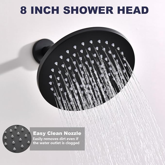 Shower System, All Metal Black Shower Faucet Set, Matte Black | 8" Rainfall Shower Head and Handheld Spray Combo, Round Shower Head and Handle Set with Valve and Trim Kit