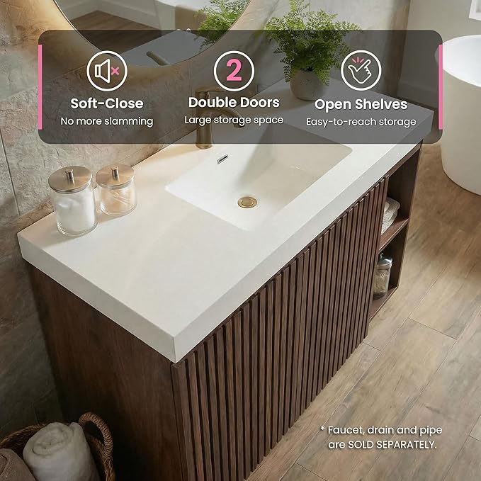 48" Bathroom Vanity with Sink Combo, Mid Century Modern Bathroom Cabinet with Doors & Open Shelf, Glossy White Integrated Sink with Overflow, Brown Walnut