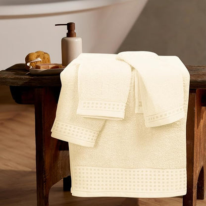 GLAMBURG Ultra Soft 3 Pack Cotton Towel Set, Contains a Bath Towel 28x55 inch, a Hand Towel 16x24 inch & a Wash Coth 12x12 inch, Ideal Everyday use, Compact & Lightweight - Ivory