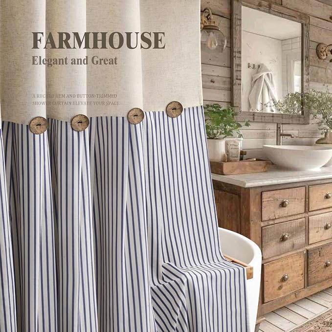 Farmhouse Shower Curtain Linen Button Blue Stripe 72" W x 72" L | Farmhouse Style, Chic Button, Striped, Linen Fabric, Rustic, Country, Natural Look, Washable, for Bathroom Bathtub