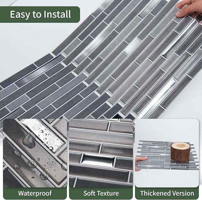 LONGKING 10-Sheet Extra Thick Peel and Stick Backsplash Tiles, Waterproof Kitchen Backsplash Peel and Stick Tile, Self-Adhesive Backsplash for Kitchen, Dark Gray | Peel and stick backsplash, self-adhesive wall tile, Gray, extra thick, waterproof, kitch...