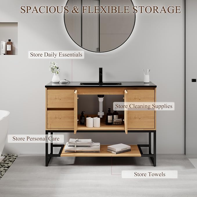 LUCKWIND 48" Modern Bathroom Vanity with Single Black Sink Combo, Freestanding Storage Cabinet with Metal Frame, Matte Black Faucet and Open Shelf and 2 Soft-Closing Door, Natural