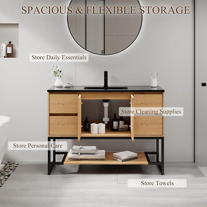 LUCKWIND 48" Modern Bathroom Vanity with Single Black Sink Combo, Freestanding Storage Cabinet with Metal Frame, Matte Black Faucet and Open Shelf and 2 Soft-Closing Door, Natural