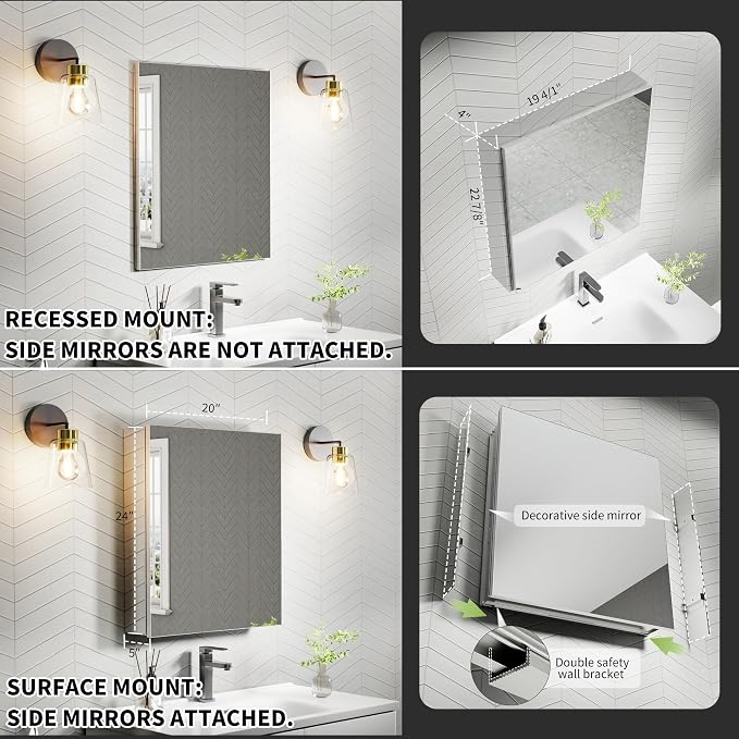 20x24 Inch Recessed Medicine Cabinet with Mirror, Aluminum Medicine Cabinet Mirror, Recessed or Surface Mount with 2 Adjustable Shelves Storage Organizer, Pre-Assembled Door, Soft-Closed System