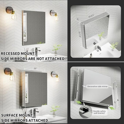 20x24 Inch Recessed Medicine Cabinet with Mirror, Aluminum Medicine Cabinet Mirror, Recessed or Surface Mount with 2 Adjustable Shelves Storage Organizer, Pre-Assembled Door, Soft-Closed System