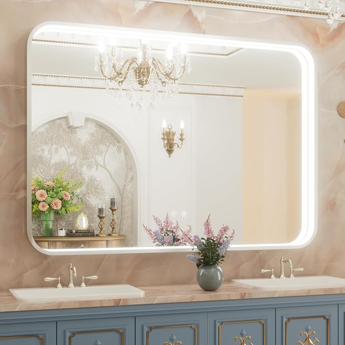 48"x36" Silver LED Bathroom Mirror,Adjust 3000K/4500K/6000K Light | Stepless Dimmable, Anti-Fog, Memory Funtion, Aluminum Frame Wall Mount Lighted Vanity Mirror, ETL Cert‌, Horizontal/Vertical