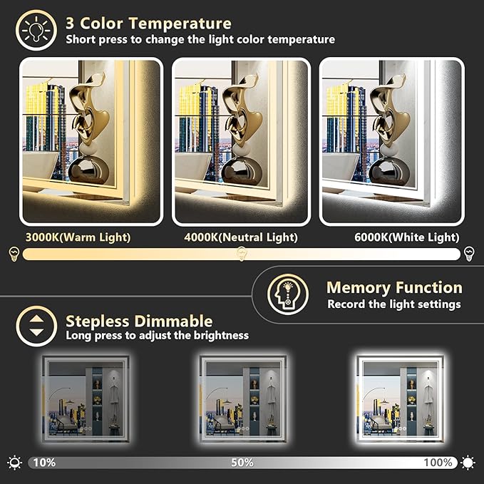 36x36 LED Bathroom Mirror with Lights, Backlit and Front Lit Anti-Fog Lighted Vanity Mirrors for Bathroom Wall, Dimmable, 3-Color Light, Memory, Shatter-Proof, HD Tempered Glass, CRI＞90