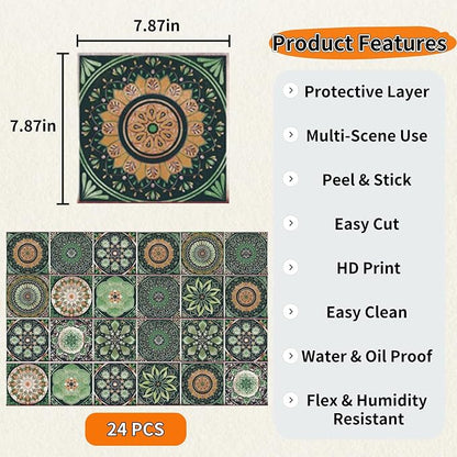 24 PCS Bohemian Floral PVC Peel and Stick Tile Stickers | for Kitchen Bathroom RV, Waterproof Self-Adhesive Removable Backsplash Decals, Easy DIY Upgrade, Smooth Surfaces, 7.87x7.87in