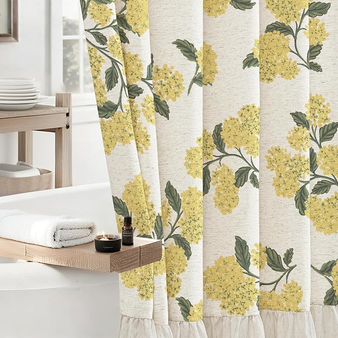 ORTIGIA Linen Textured Ruffle Shower Curtain with Metal Hooks, Vintage Yellow Hydrangea Floral Boho Waterproof Bath Curtain for Rustic Farmhouse Bathroom Decor 72x72 Inch