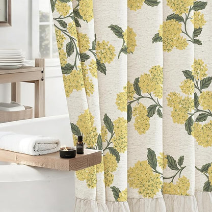 ORTIGIA Linen Textured Ruffle Shower Curtain with Metal Hooks, Vintage Yellow Hydrangea Floral Boho Waterproof Bath Curtain for Rustic Farmhouse Bathroom Decor 72x72 Inch