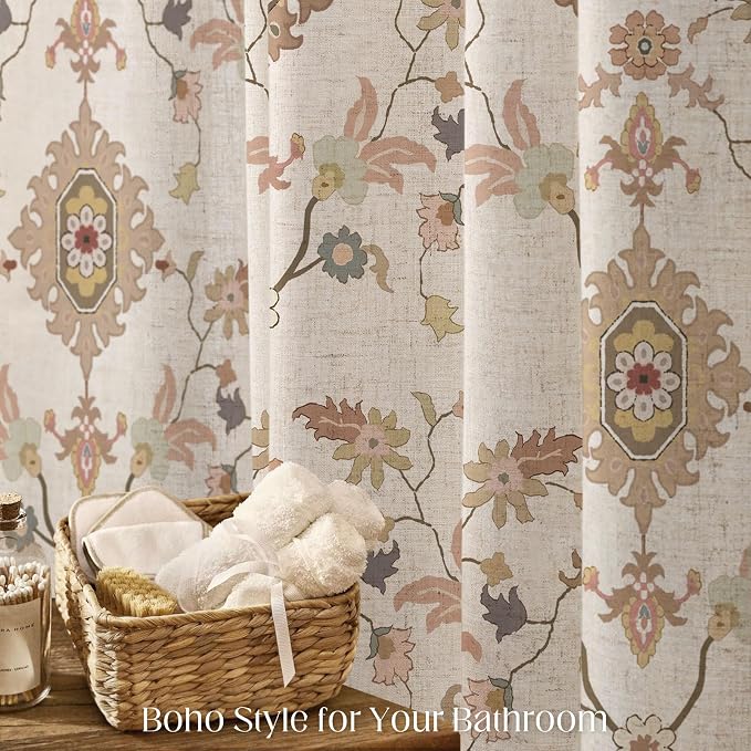 Boho Floral Shower Curtain, Vintage Cottage Core Shower Curtains for Bathroom, 72Wx72H Inch