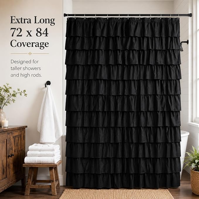 Black Gothic Shower Curtain for Bathroom, Extra-Long 72 x 84 inch, Ruffle | Cascading Layered Ruffles, 72x84, 8ft, 12 Plastic Hooks Included, Machine Washable, Soft Brushed Microfiber Fabric