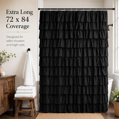 Black Gothic Shower Curtain for Bathroom, Extra-Long 72 x 84 inch, Ruffle | Cascading Layered Ruffles, 72x84, 8ft, 12 Plastic Hooks Included, Machine Washable, Soft Brushed Microfiber Fabric