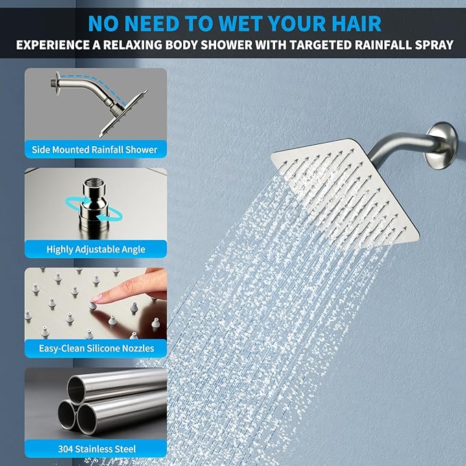 Shower Faucet Set Shower System - EMBATHER Brushed Nickel Push Button Diverter Dual Shower Faucet Valve Kit with Rain Ceiling Mount 10 Inch Shower Head 6 Inch Wall Mount, 2 in 1 Handheld for Couple