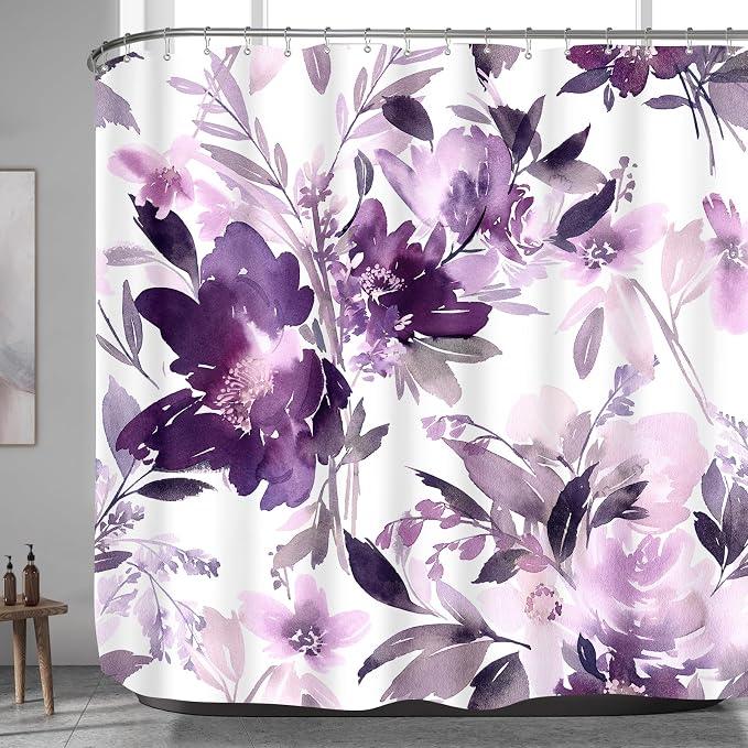 MAYZUS Extra Wide Flower Shower Curtain 108 x 72 for Claw Foot Tub, Purple | Lavender Modern Watercolor Floral 108 inch Long Shower Curtain Set with 18 Pack Plastic C-Hooks
