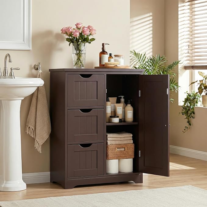 SUPER DEAL Bathroom Storage Cabinet with 3 Drawers and 1 Door, Entryway Home Decor Furniture Towels Storage Organizer Unit, Brown, 23.6" L x 11.8" W x 31.4" H