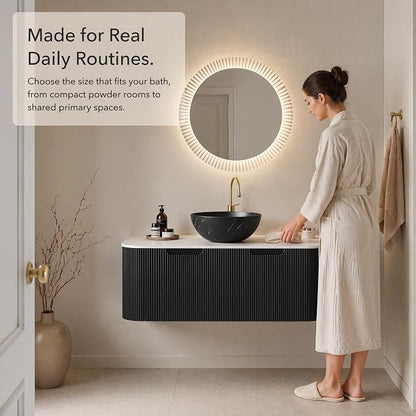 48 Inch Bathroom Vanity with Sink, Floating Wall Mounted Single Sink Vanity, Black Curved Fluted Front, Stone Top, Black Marble Vessel Basin, Pre-Assembled