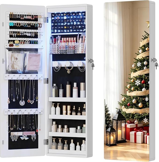 HNEBC Jewelry Cabinet with Lights,Wall Mounted Jewelry Organizer with Full-Length Mirror,Over The Door Hanging Jewelry Armoire Storage Cabinet,Lockable,Gift Idea,White