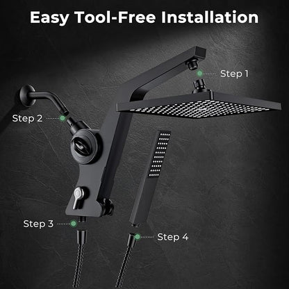 MakeFit Filtered Rain Shower Head with Handheld Combo High Pressure 12'' Rainfall Shower Heads & Hidden Detachable Wand Dual Showerhead Water Softener for Hard Water Easy Filter Replacement