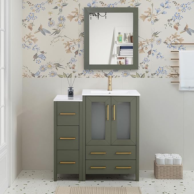 HOMEBEYOND 36 Inch Modern Bathroom Vanity with Sink & Mirror, Single Vanity Cabinet with Basin and Mirror, Dove-Tailed Drawers, Soft-Closing Doors, Wood, Vintage Green