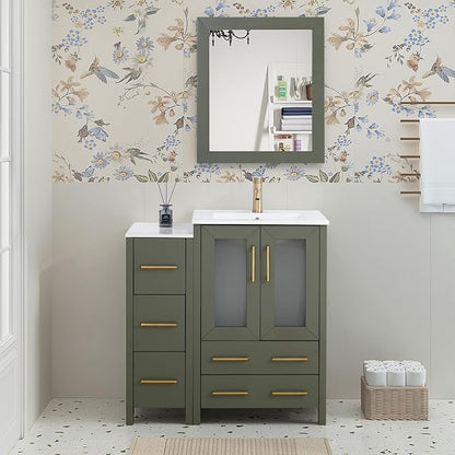 HOMEBEYOND 36 Inch Modern Bathroom Vanity with Sink & Mirror, Single Vanity Cabinet with Basin and Mirror, Dove-Tailed Drawers, Soft-Closing Doors, Wood, Vintage Green