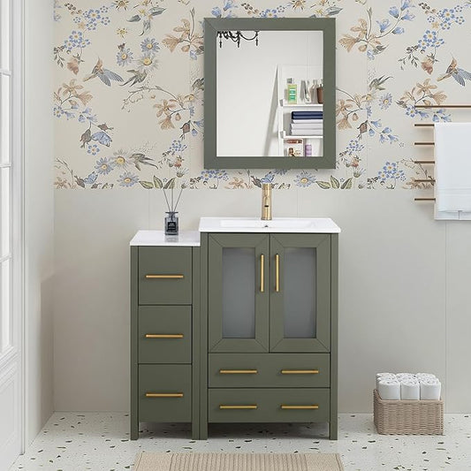 HOMEBEYOND 36 Inch Modern Bathroom Vanity with Sink & Mirror, Single Vanity Cabinet with Basin and Mirror, Dove-Tailed Drawers, Soft-Closing Doors, Wood, Vintage Green