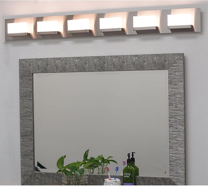 Kira Home Everett 48" Modern Integrated LED 6-Light Bathroom Vanity Light | 60W 3000K Warm White Light, Minimalist Bathroom Wall Sconce with Frosted Acrylic Blocks, Brushed Nickel Finish