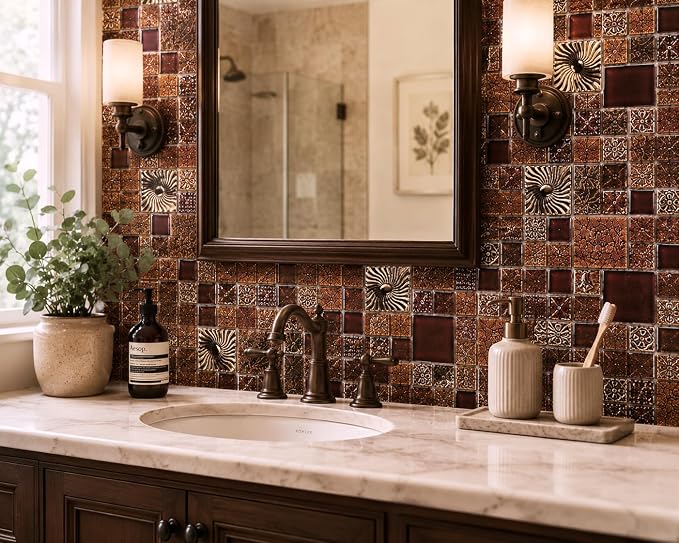 Red Wine Colors Glass Tile 2'' x 2'' Leaf Carving Imprints Antique Mosaics Textured Rose Gold Metal Kitchen Bathroom Walls Backsplash Tiles (Pack of 5 Square Feet)