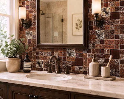 Red Wine Colors Glass Tile 2'' x 2'' Leaf Carving Imprints Antique Mosaics Textured Rose Gold Metal Kitchen Bathroom Walls Backsplash Tiles (Pack of 5 Square Feet)