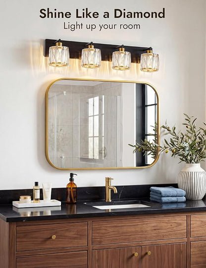 VOLISUN Crystal Vanity Lights for Bathrooms, 4 Light Bathroom Vanity Light, Black and Gold Bathroom Light Over Mirror, Modern Bathrooms Lights Fixtures-UL Certificated(Exclude Bulb)