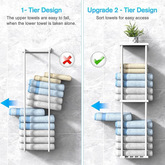 Liuoud Towel Rack for Bathroom, Wall Mounted Vertical Rolled Towel Storage Organizer Holder with Shelf, Holds Up 6 Large Bath Sheets, White