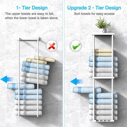 Liuoud Towel Rack for Bathroom, Wall Mounted Vertical Rolled Towel Storage Organizer Holder with Shelf, Holds Up 6 Large Bath Sheets, White