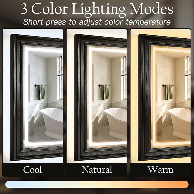 ROLOVE 24x35 Inch Antique Rectangle Wall Mirror with Lights, Ornate Waterproof Frame, Vintage Mirror for Over Sink with Anti-Fog, Plug-in/Hardwired, Shatterproof Glass, Baroque Mirror for Wall Decor