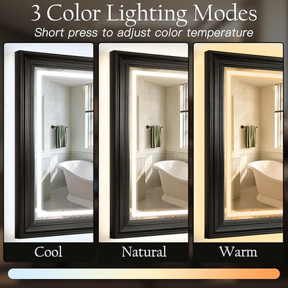 ROLOVE 24x35 Inch Antique Rectangle Wall Mirror with Lights, Ornate Waterproof Frame, Vintage Mirror for Over Sink with Anti-Fog, Plug-in/Hardwired, Shatterproof Glass, Baroque Mirror for Wall Decor