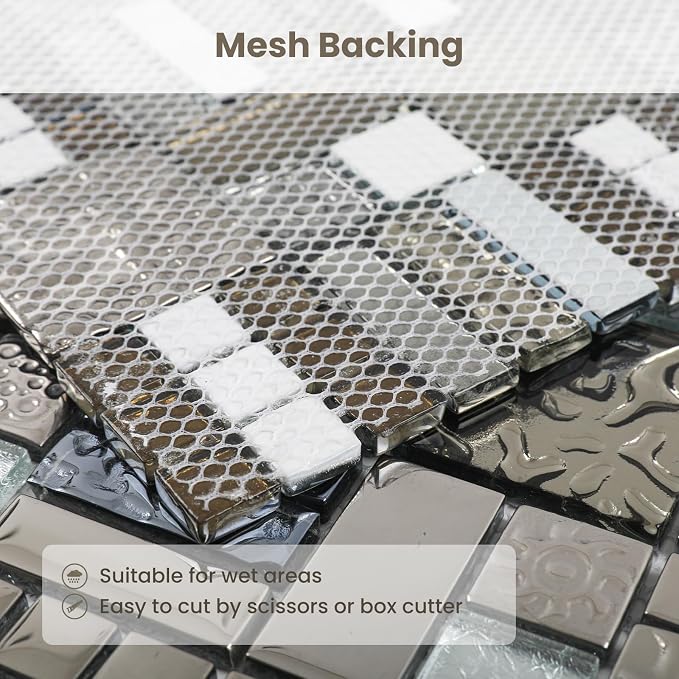 Glass Mosaic Tile Backsplash Grey and Silver 12 x 12 Inch 5 sq.ft. | Glass Tile for Kitchen Backsplash Bathroom Wall 5-Pack