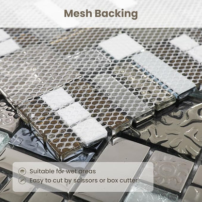 Glass Mosaic Tile Backsplash Grey and Silver 12 x 12 Inch 5 sq.ft. | Glass Tile for Kitchen Backsplash Bathroom Wall 5-Pack