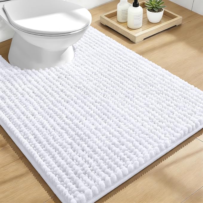 OLANLY Thick Chenille Toilet Rugs U-Shaped 24x20, White | Soft Absorbent Shaggy Contour Bathroom Rugs for Toilet, Dry Quickly, Machine Washable, Non-Slip Bath Mat