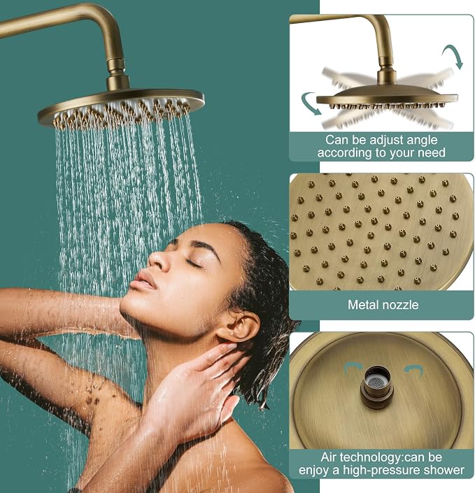 Heyalan Exposed Shower System, 8 Inch Rain Head, Handheld,Antique Brass | Exposed shower system with 8 inch rain head, handheld sprayer, single handle control, and complete wall-mounted setup.