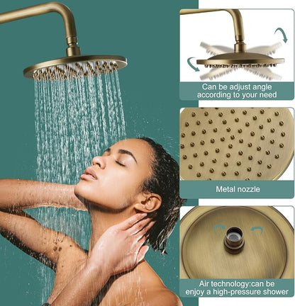Heyalan Exposed Shower System, 8 Inch Rain Head, Handheld,Antique Brass | Exposed shower system with 8 inch rain head, handheld sprayer, single handle control, and complete wall-mounted setup.