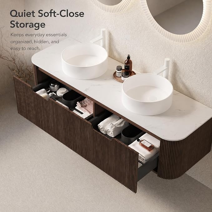 60 Inch Double Sink Bathroom Vanity, Floating Wall Mounted Cabinet, Dark Walnut Curved Fluted Front, Stone Top, Dual Pure White Round Vessel Basins, Pre-Assembled