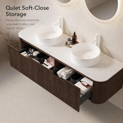 60 Inch Double Sink Bathroom Vanity, Floating Wall Mounted Cabinet, Dark Walnut Curved Fluted Front, Stone Top, Dual Pure White Round Vessel Basins, Pre-Assembled