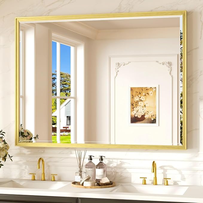 Keonjinn 48" x 36" Gold Bathroom Vanity Mirror, Safe HD Tempered Glass | Beveled Edge, Aluminum Alloy Framed, Secure French Cleat Installation, Modern Rectangle Wall-Mounted Mirror for Over Sink