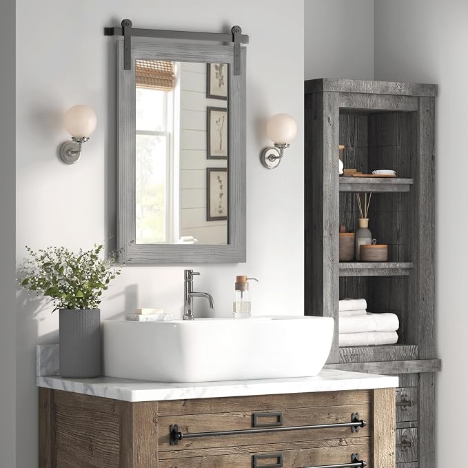 COGOOD Farmhouse Bathroom Mirrors for Over Sink - 42 x 29 Grey | Rustic Barn Door Wood Framed Vanity Mirror for Entryway, Living Room, Bedroom, Dresser Wall Decor