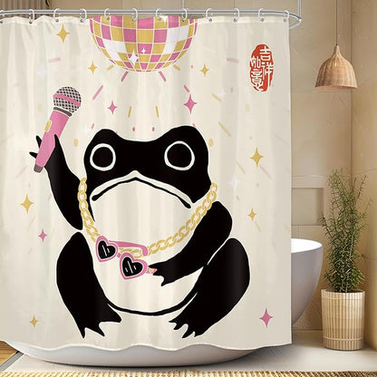 LGhtyro Funny Frog Shower Curtain Bathroom Set 60Wx71H Inches Retro Asian Style Traditional Japanese Art Cute Animal Disco Pink Light Bath Accessories Vintage Art Home Decor Fabric 12 Pack Hooks