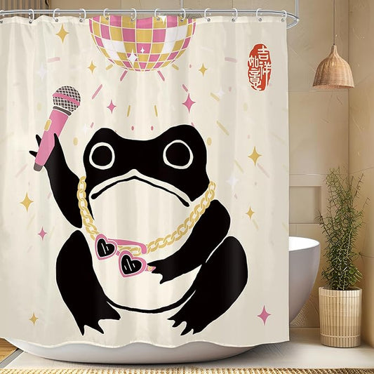 LGhtyro Funny Frog Shower Curtain Bathroom Set 60Wx71H Inches Retro Asian Style Traditional Japanese Art Cute Animal Disco Pink Light Bath Accessories Vintage Art Home Decor Fabric 12 Pack Hooks