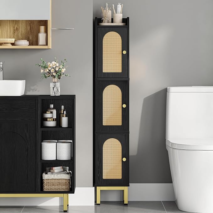 Hzuaneri Slim Bathroom Storage Cabinet, Narrow Bathroom Organizers,3 Doors | Narrow Storage Cabinet with 4 Adjustable Feet, Laundry Room Organization for Small Space, Kitchen,Living Room,Rattan Black