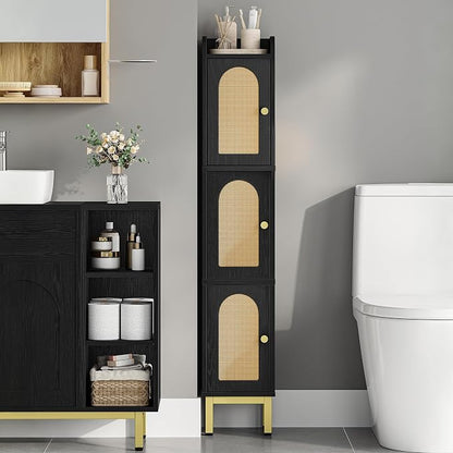 Hzuaneri Slim Bathroom Storage Cabinet, Narrow Bathroom Organizers,3 Doors | Narrow Storage Cabinet with 4 Adjustable Feet, Laundry Room Organization for Small Space, Kitchen,Living Room,Rattan Black
